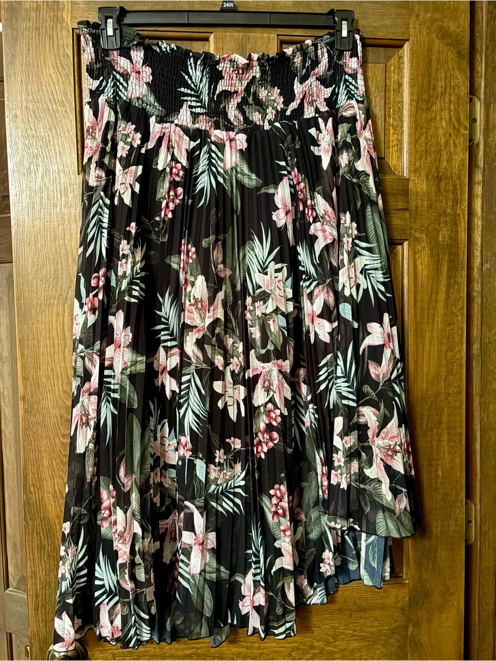 City Chic Black Midi Skirt with Pink Floral Print